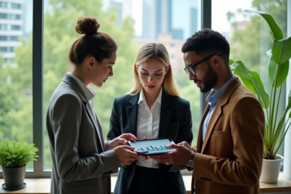 Groupe de professionnels discutant de données sur une tablette