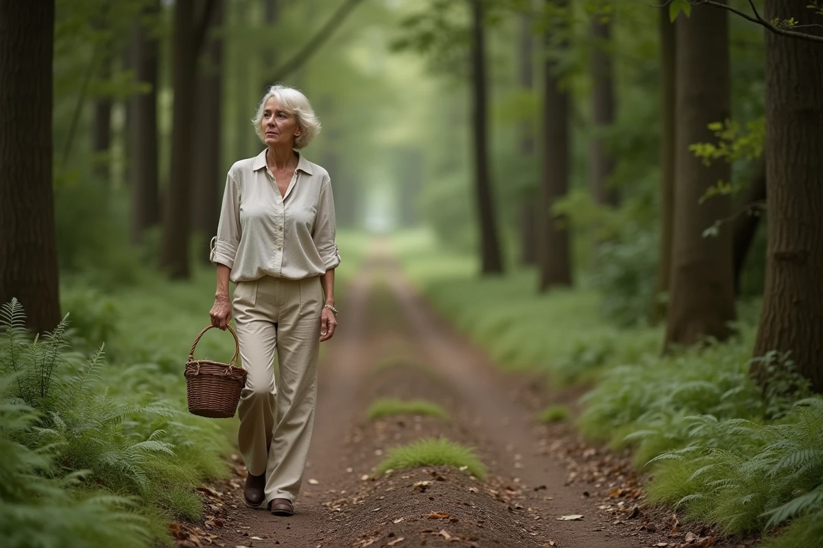Femme se promenant sur un sentier forestier verdoyant près de Saint-Goussaud en Creuse, panier en osier à la main, ambiance nature et ressourcement