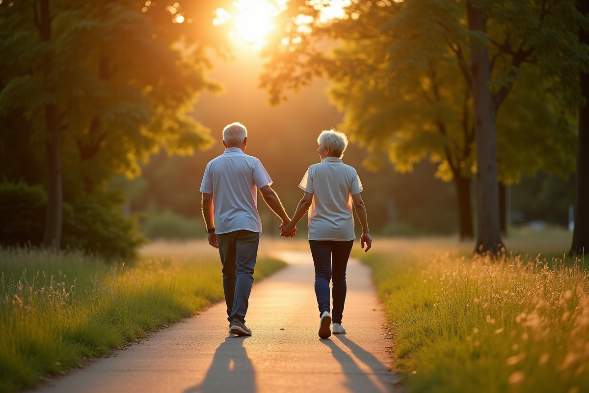 Couple senior se promenant dans un parc en fin d