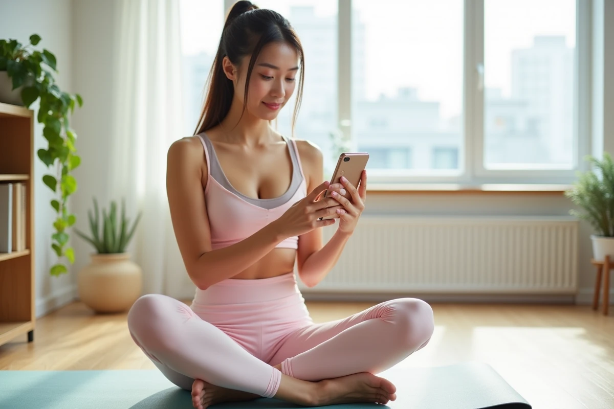 Jeune femme utilisant une bouteille Air Up chez elle sur son tapis de yoga, en lien avec la promotion Air Up Inoxtag 2026