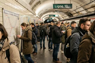 Quai bondé de la ligne 10 du métro parisien aux heures de pointe avec des voyageurs consultant un plan