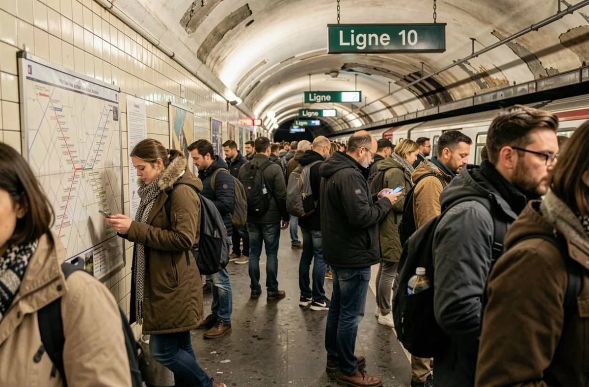 Quai bondé de la ligne 10 du métro parisien aux heures de pointe avec des voyageurs consultant un plan