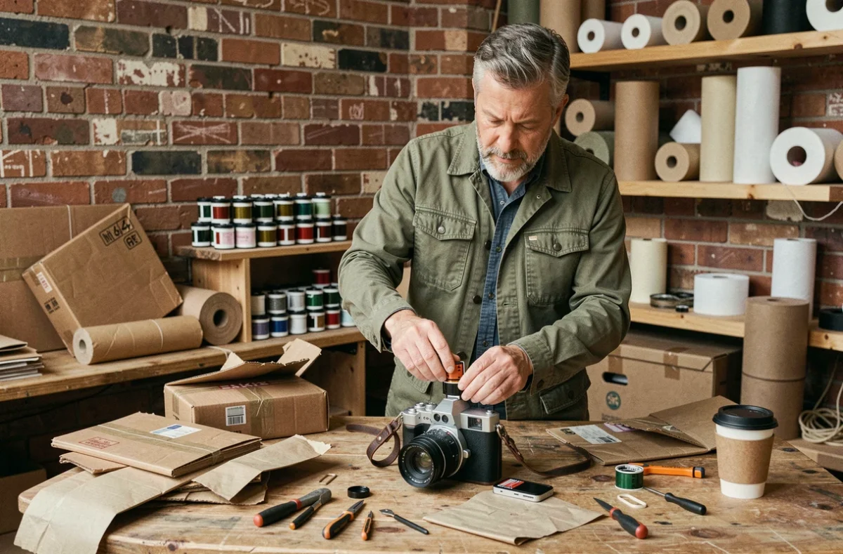 Homme chargeant une pellicule dans un appareil photo jetable réutilisable sur une table d'atelier créatif, symbolisant la photographie durable et le recyclage