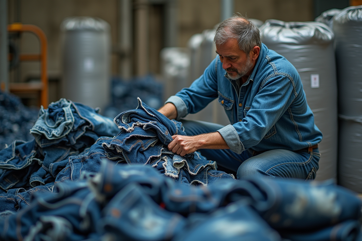 Homme triant des jeans usés dans une usine de recyclage