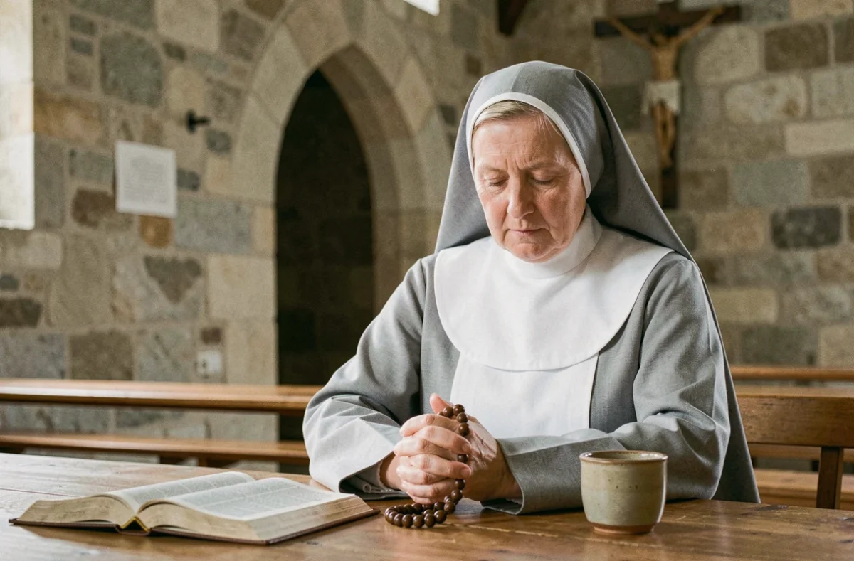 Religieuse catholique en habit blanc en prière avec un chapelet dans un réfectoire de monastère en pierre