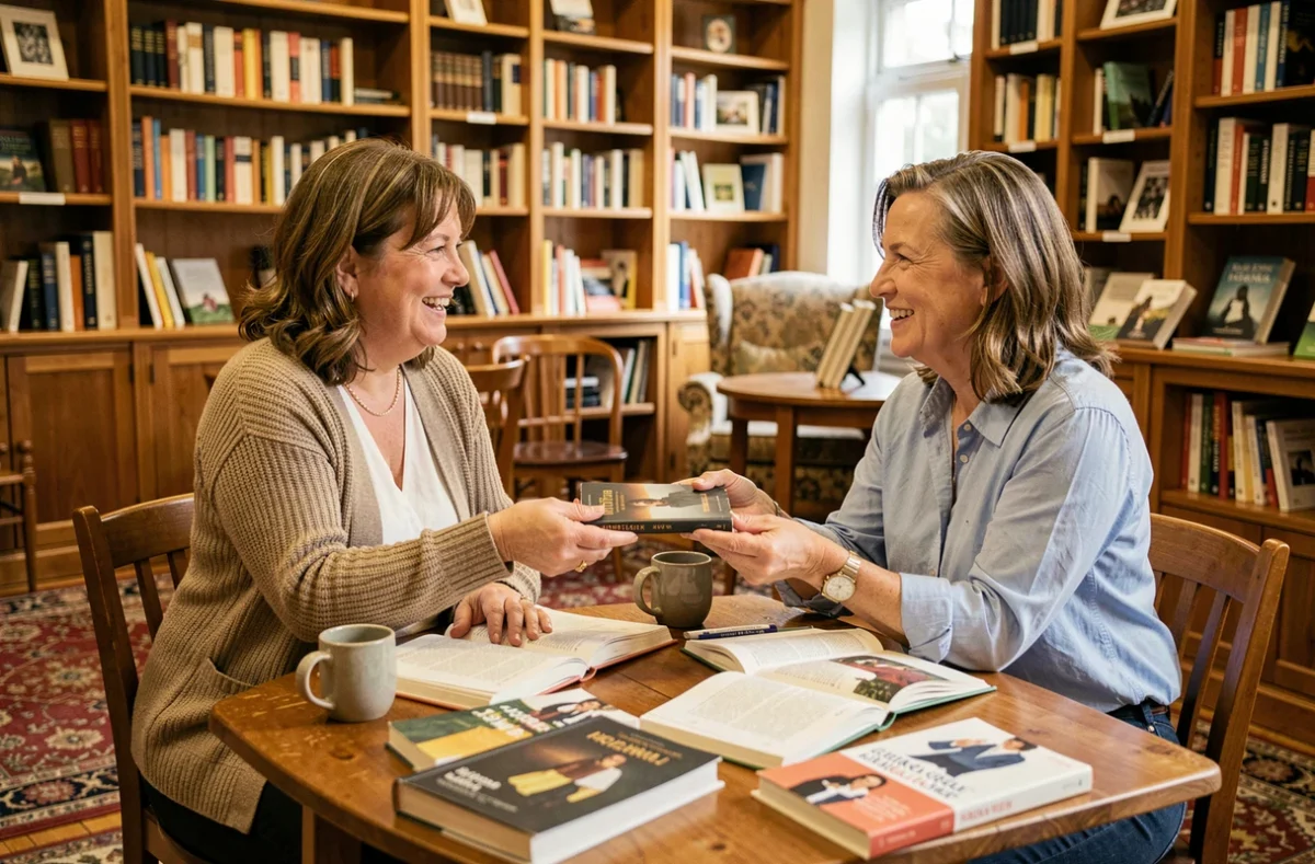 Deux femmes qui se rencontrent dans une librairie lors d'un club de lecture, partageant un livre avec sourire et ouverture aux autres