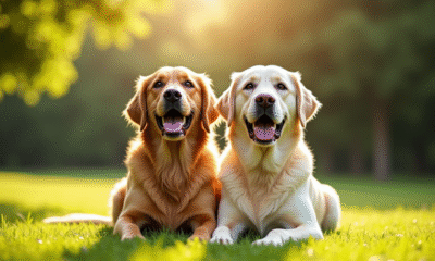 Deux chiens retrievers assis dans un parc ensoleille