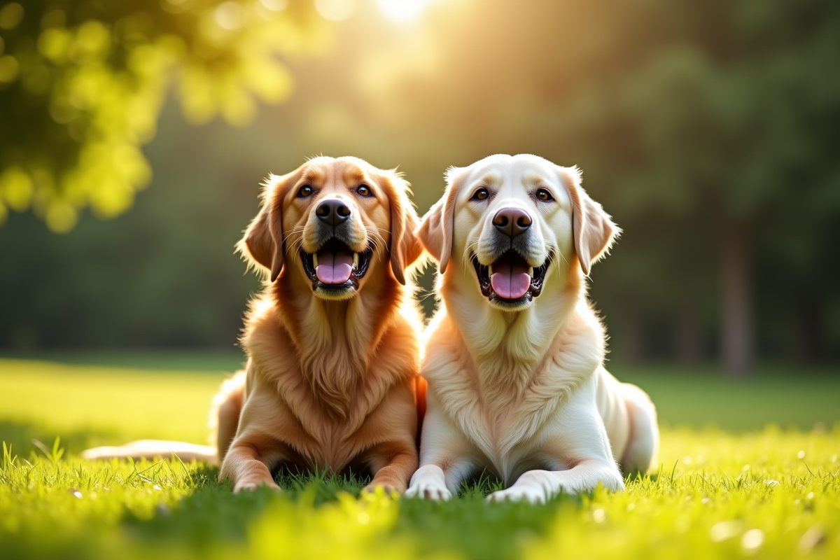 Deux chiens retrievers assis dans un parc ensoleille