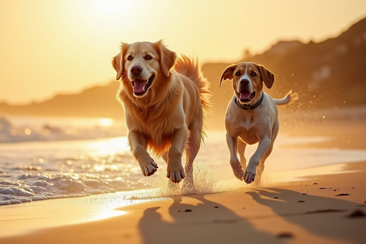 Chasse au ballon par deux retrievers sur la plage au lever du soleil