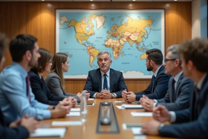 Groupe d'élus locaux en discussion dans une salle moderne