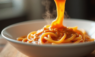 Sauce crémeuse au chorizo versée sur pâtes dans un bol blanc