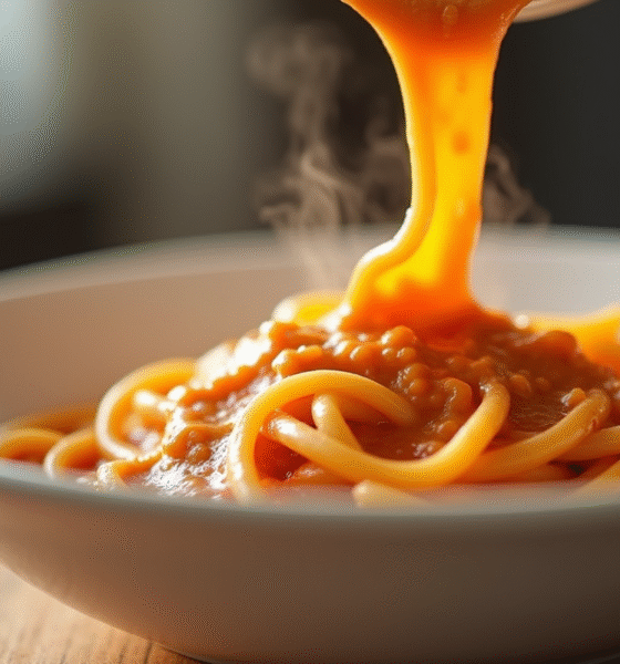 Sauce crémeuse au chorizo versée sur pâtes dans un bol blanc