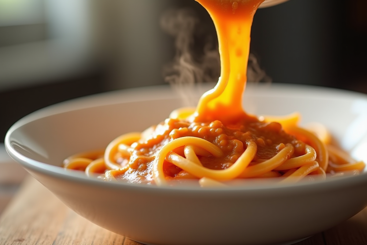 Sauce crémeuse au chorizo versée sur pâtes dans un bol blanc