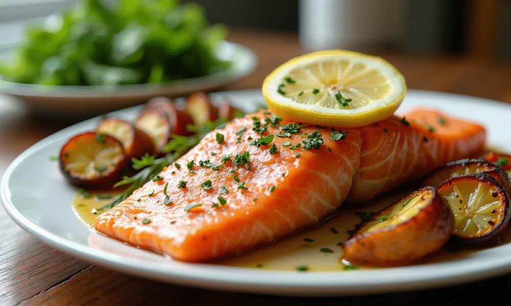 Saumon cuit avec citron et herbes sur une assiette blanche