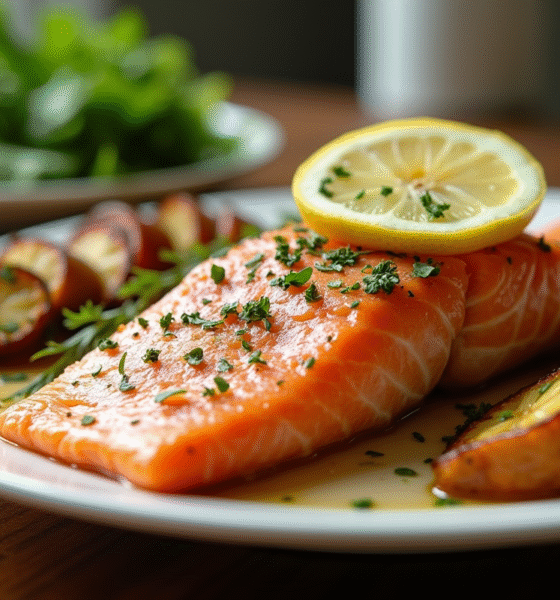 Saumon cuit avec citron et herbes sur une assiette blanche