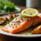 Saumon cuit avec citron et herbes sur une assiette blanche