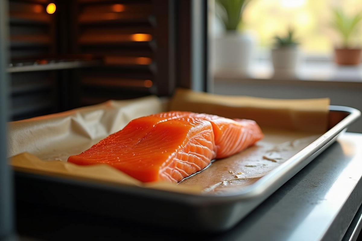 Saumon surgelé dans un four moderne en cuisine lumineuse