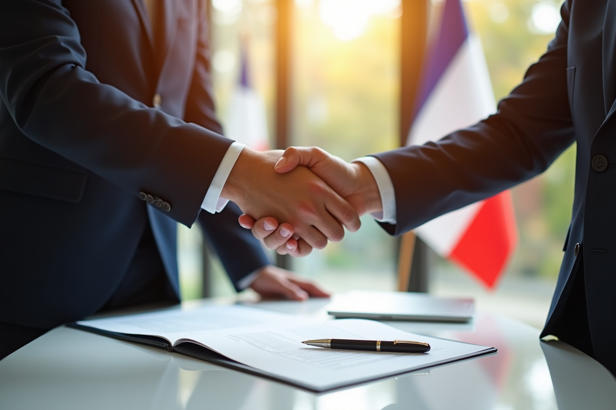 Échange de mains entre deux professionnels avec documents juridiques