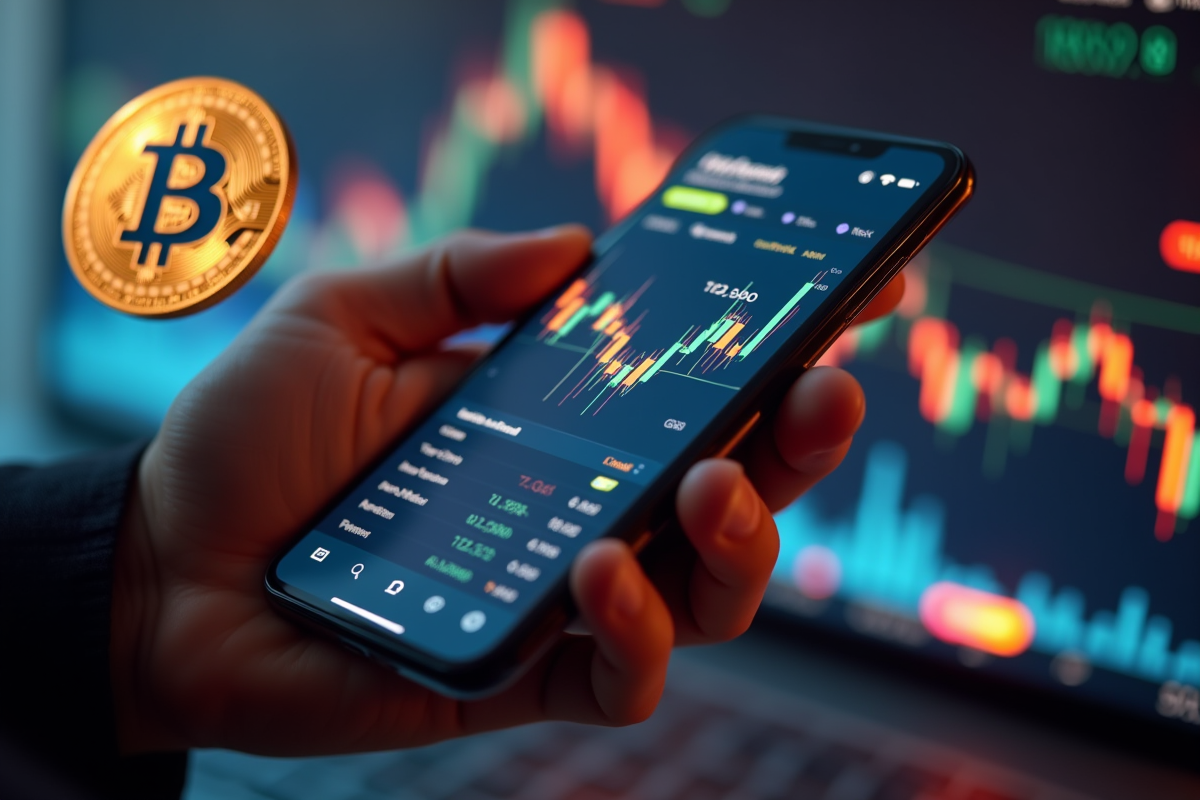 Main tenant smartphone avec application crypto et bitcoin physique