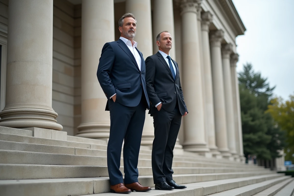 Deux hommes en costume devant un bâtiment institutionnel français illustrant une différence de stature