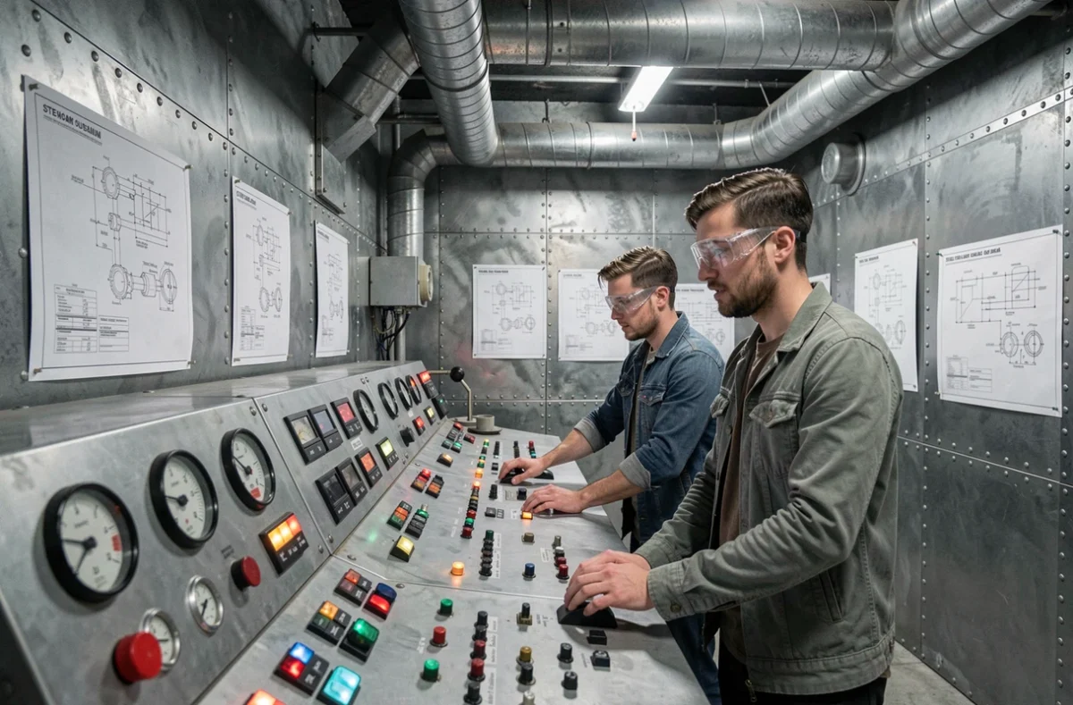 Trois participants manipulant un panneau de contrôle industriel dans la salle STEAM The Escape Game à Limoges sur le thème des sciences