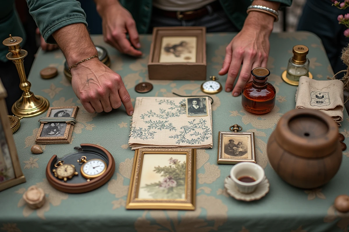 Vue rapprochée d'une table de vide-grenier dans l'Ain avec des objets vintage et des mains de visiteurs qui les examinent