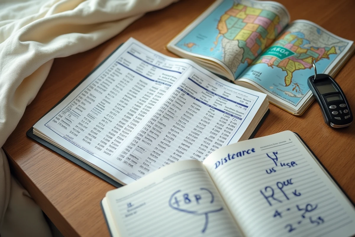 Tableau de conversion miles kilomètres posé sur un bureau avec atlas routier américain et notes de voyage
