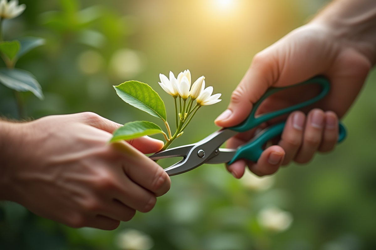 Main taillant une branche de jasmin en extérieur