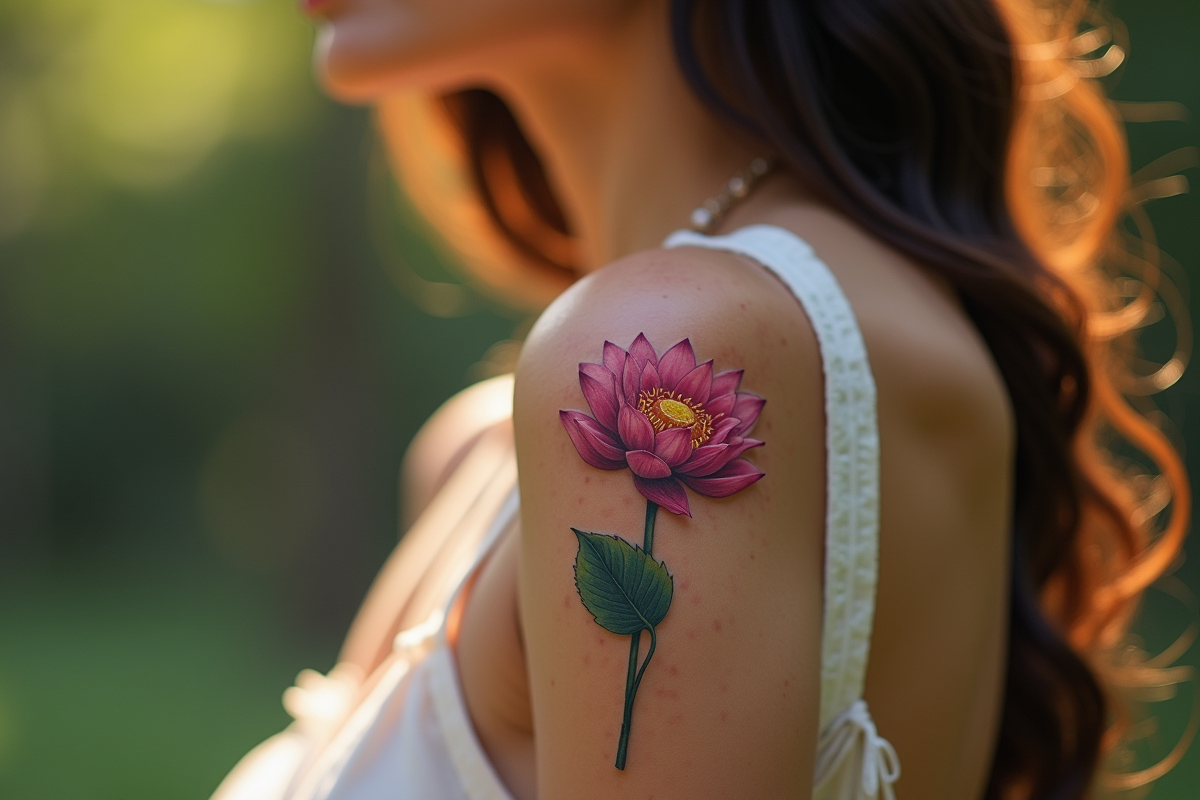 Poignet d'une célébrité avec tatouage lotus délicat en lumière naturelle