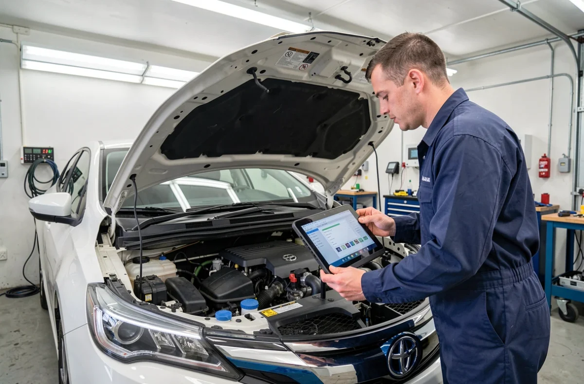 Technicien contrôlant la batterie d'une voiture hybride en atelier