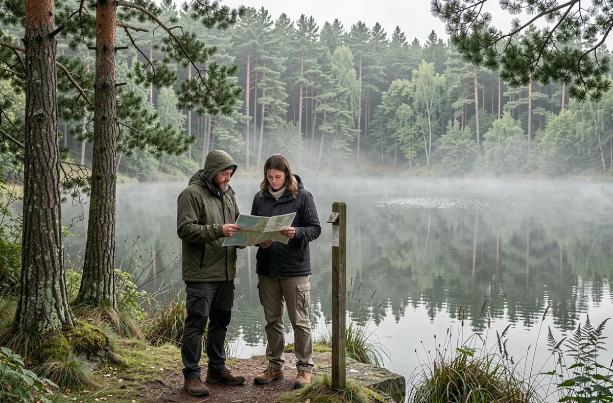 Un couple en pleine nature consultant une carte lors d'une activité de jeu en plein air au lac de Vassivière en Haute-Vienne