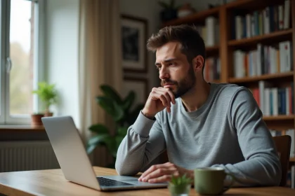 Homme vérifiant une information lue sur un site d'actualité arabe sur son ordinateur portable