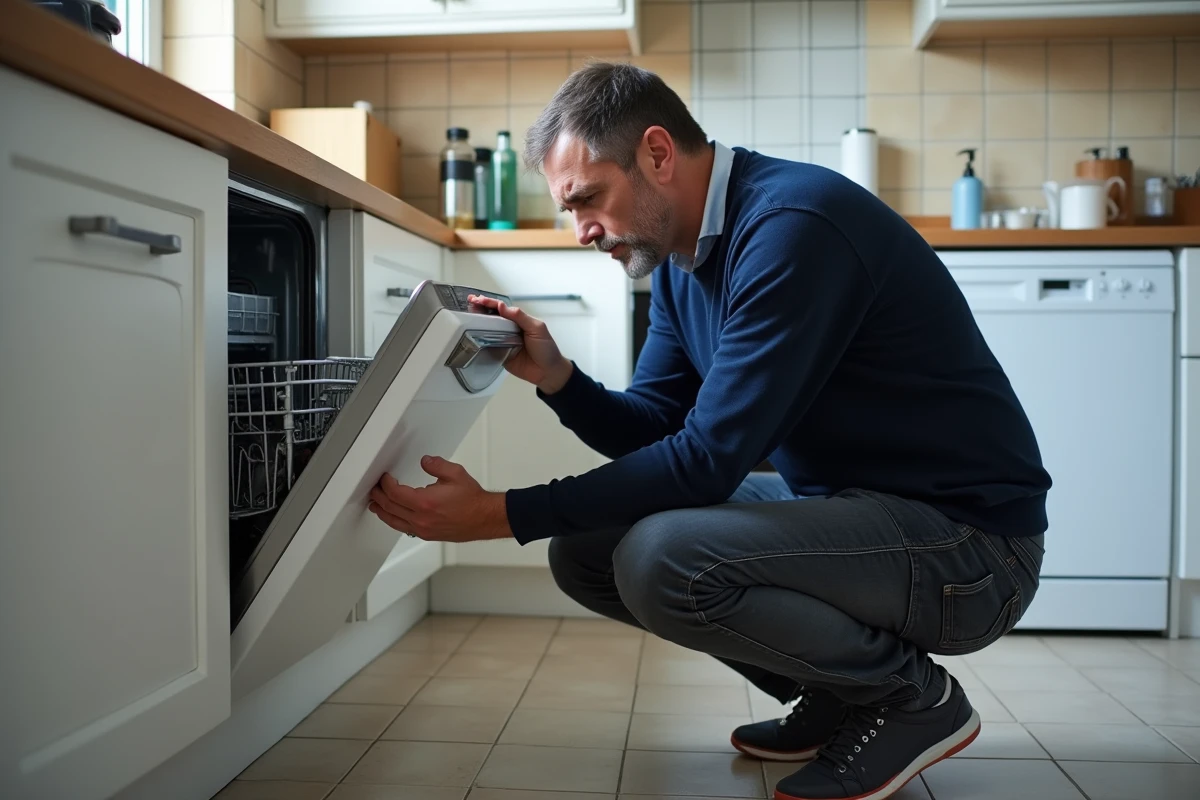 Homme découvrant un vice caché sur un appareil électroménager chez lui, représentant les garanties légales du vendeur selon le Code civil
