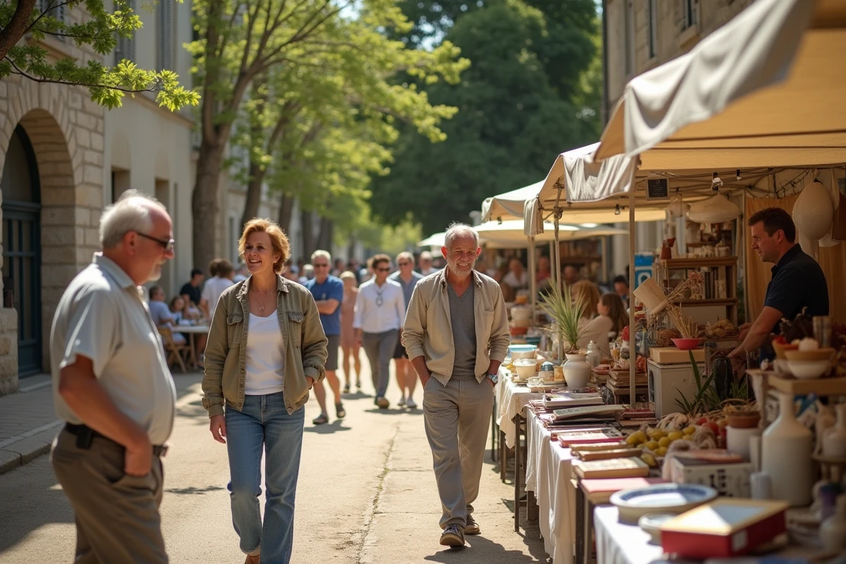Vide-grenier animé dans un village de l'Ain avec des visiteurs qui fouinent parmi les objets vintage sur des tables en plein air
