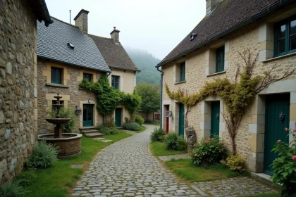 Place du village de Saint-Goussaud en Creuse avec ses bâtiments en granite et sa fontaine en pierre au cœur d'un paysage rural paisible