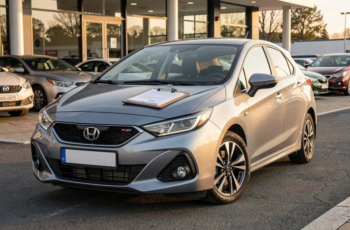 Voiture hybride garée sur le parking d'une concession