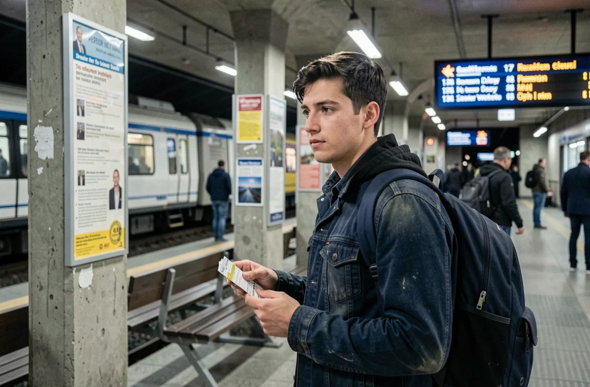 Jeune volontaire en Service Civique tenant un titre de transport dans une station de métro urbaine, illustrant les difficultés de mobilité avec une faible indemnité