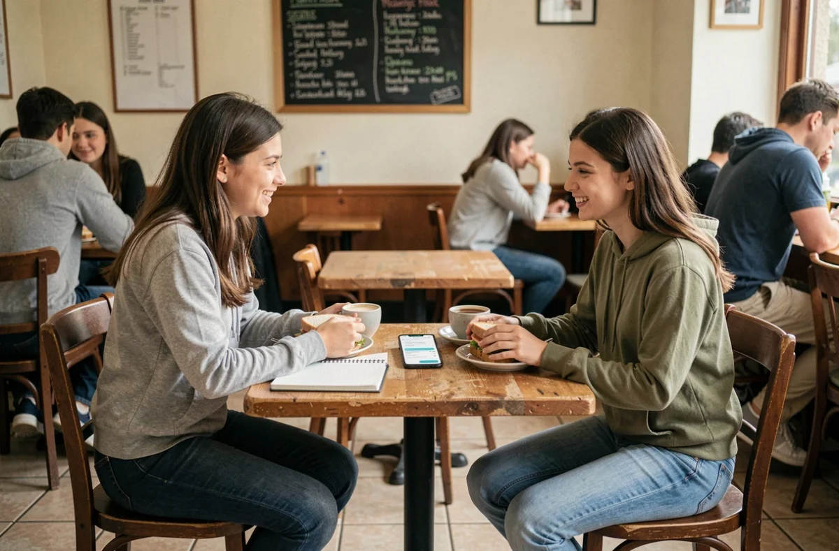 Deux jeunes volontaires en Service Civique discutant de leur budget autour d'un repas simple dans un café de quartier, avec une application de gestion financière ouverte sur smartphone