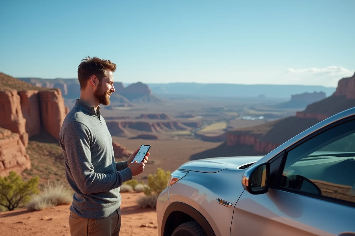 Voyageur consultant une application de navigation en miles et kilomètres devant un paysage de canyon américain