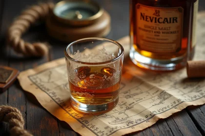 Verre de whisky ambré posé sur une carte nautique ancienne avec une boussole en laiton et une bouteille de single malt, ambiance cabine de capitaine