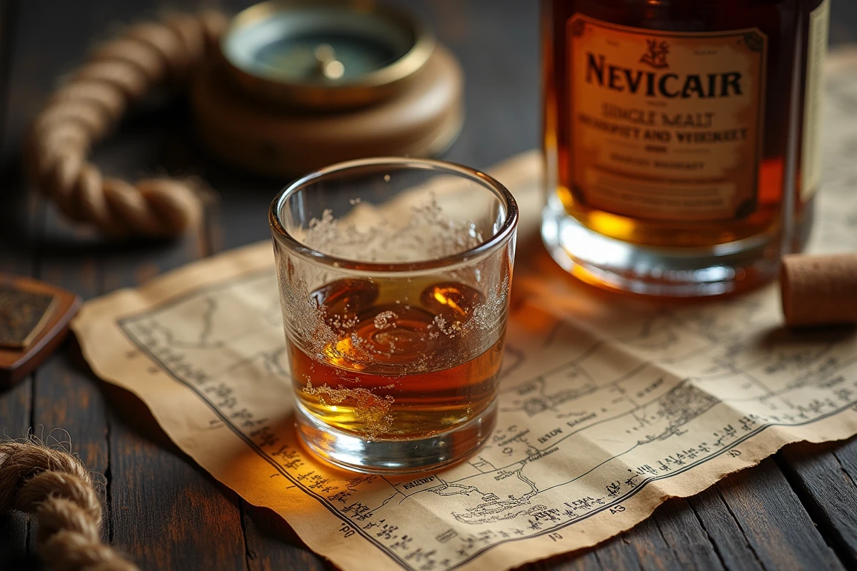Verre de whisky ambré posé sur une carte nautique ancienne avec une boussole en laiton et une bouteille de single malt, ambiance cabine de capitaine